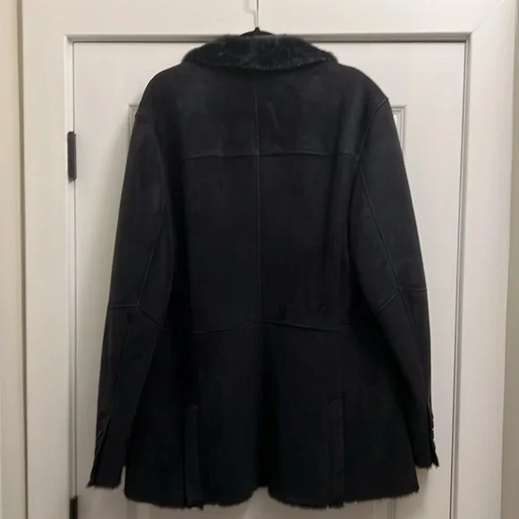 Navy blue suede shearling men’s jacket